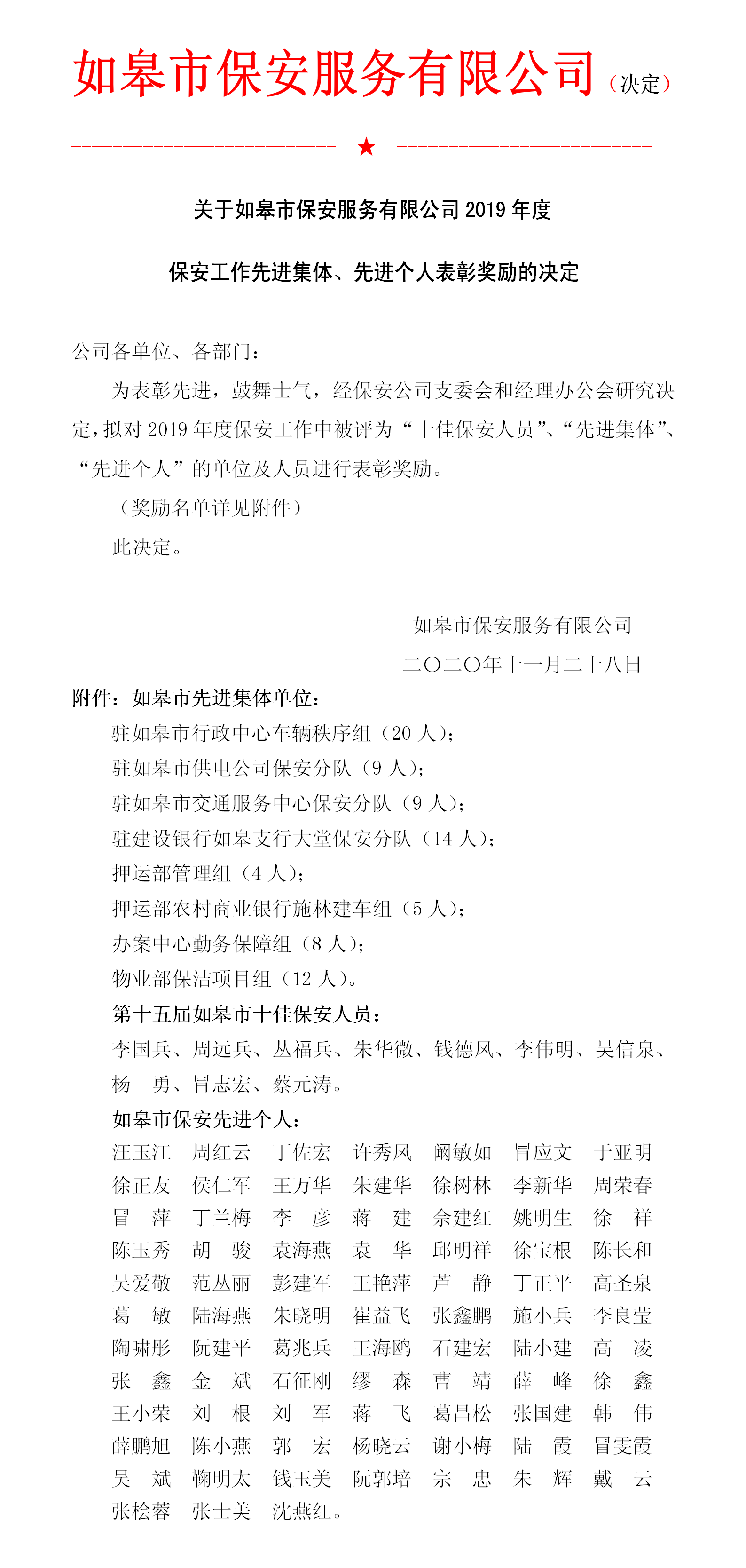 關(guān)于如皋市保安服務(wù)有限公司2019年度 保安工作先進集體、先進個人表彰獎勵的決定